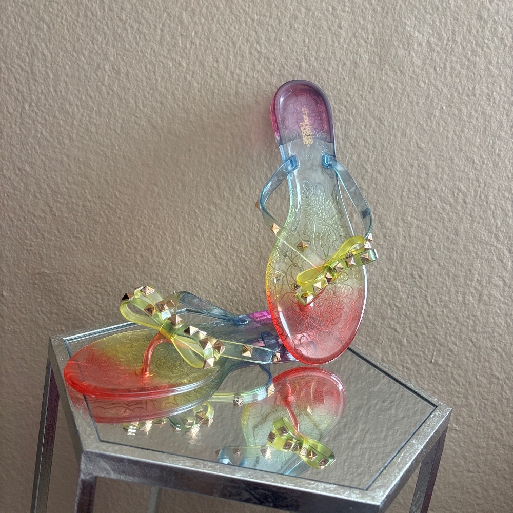 Colorful Jelly Sandals with Studded Bow